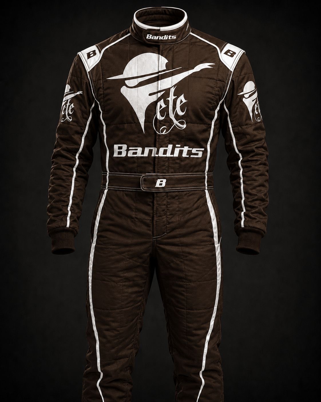 Fete Bandits race suit in brown with white logo and piping