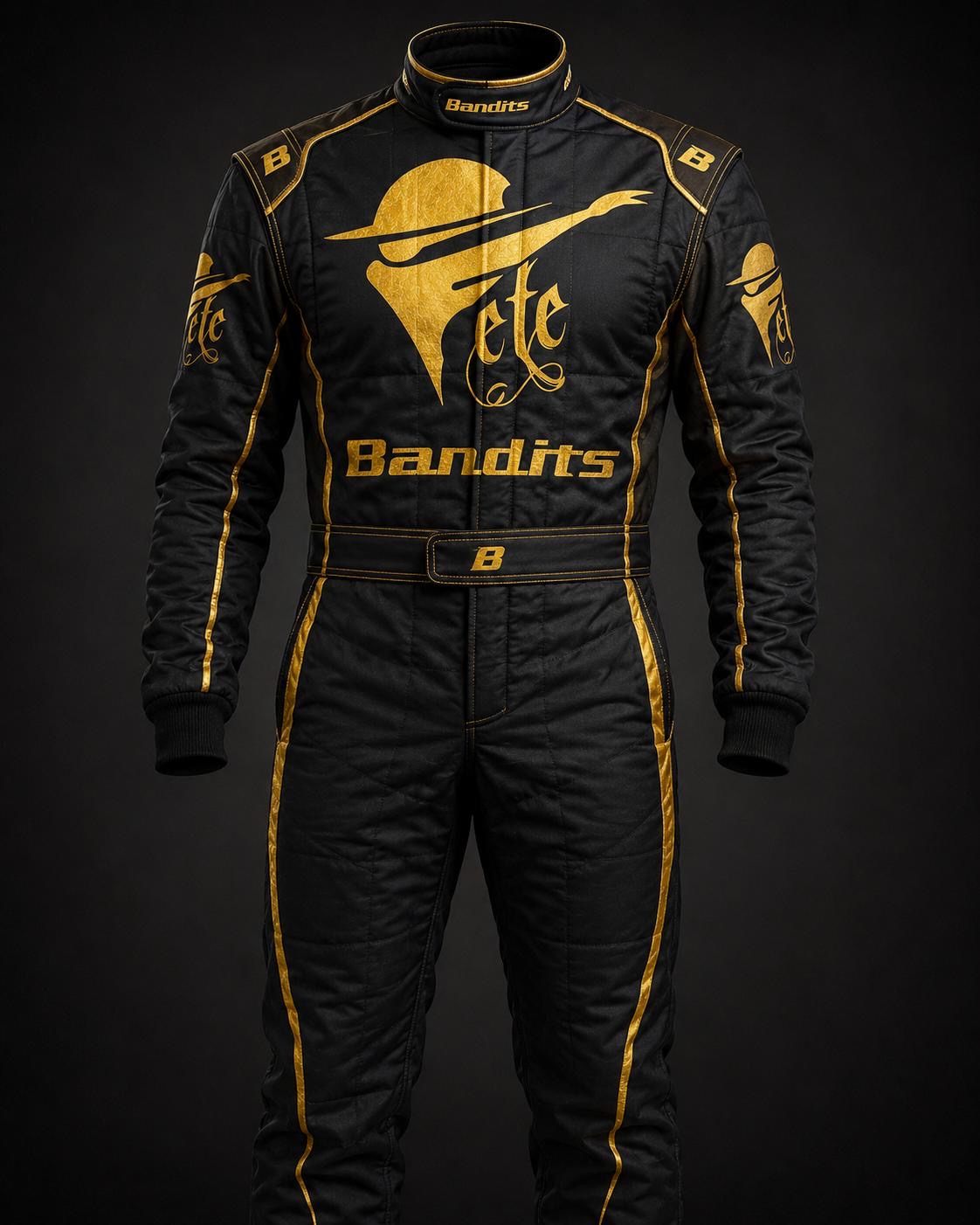 Fete Bandits race suit in black with gold logo and piping