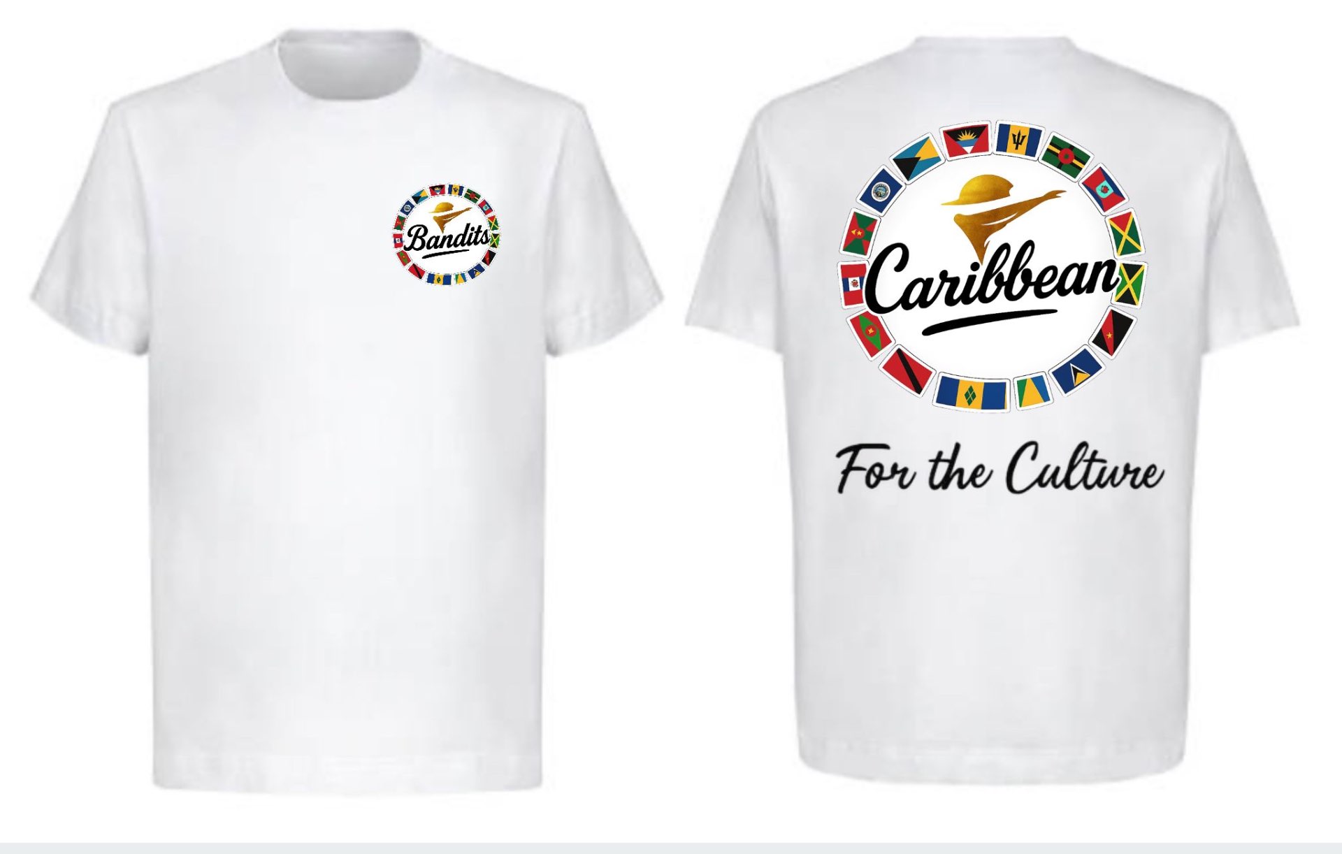 White Fete Bandits t-shirt with Bandits chest crest and Caribbean flag-ring back print