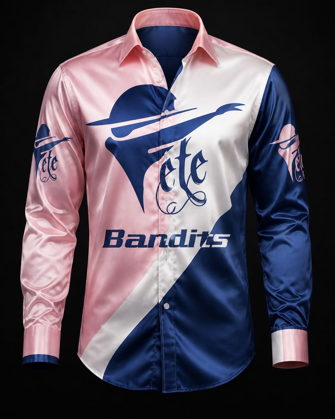 Fete Bandits satin button-up shirt in pink, white and navy