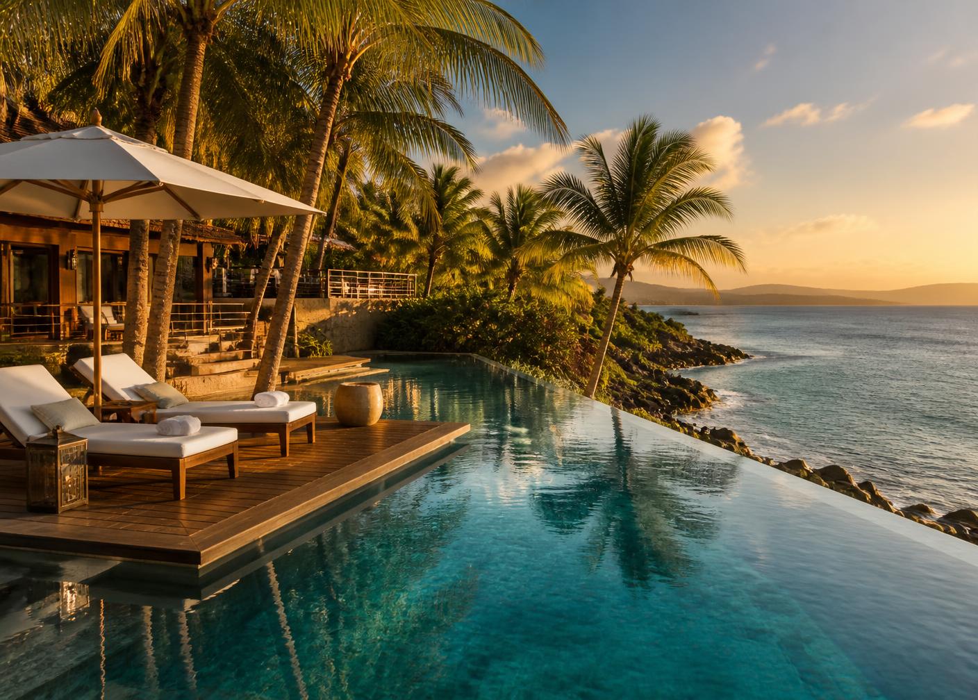 Luxury Caribbean resort pool at golden hour